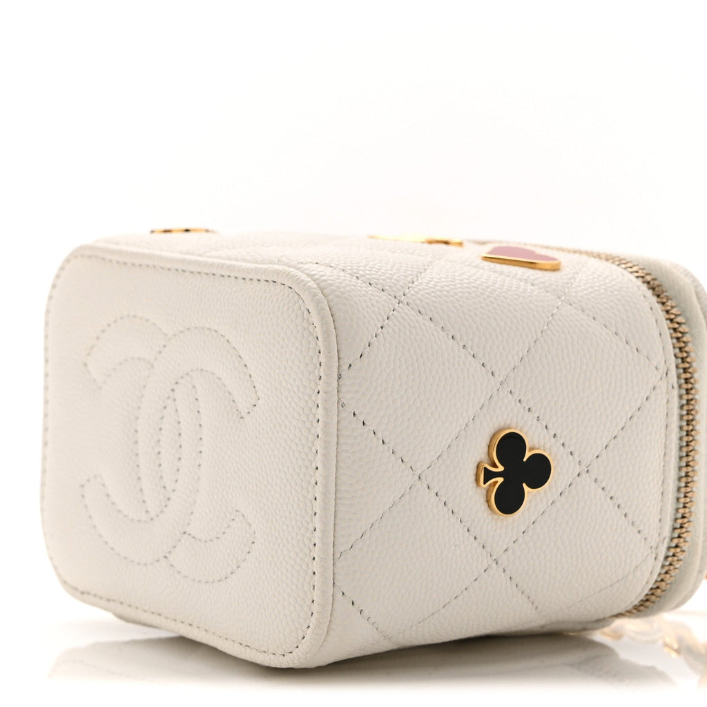 Chanel Caviar Quilted Enamel Coco Casino Mini Vanity Case With Chain White