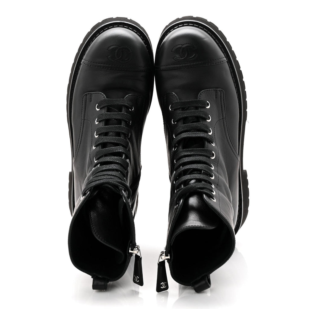 Calfskin Cap Toe Lace Up Combat Boots 39 Black