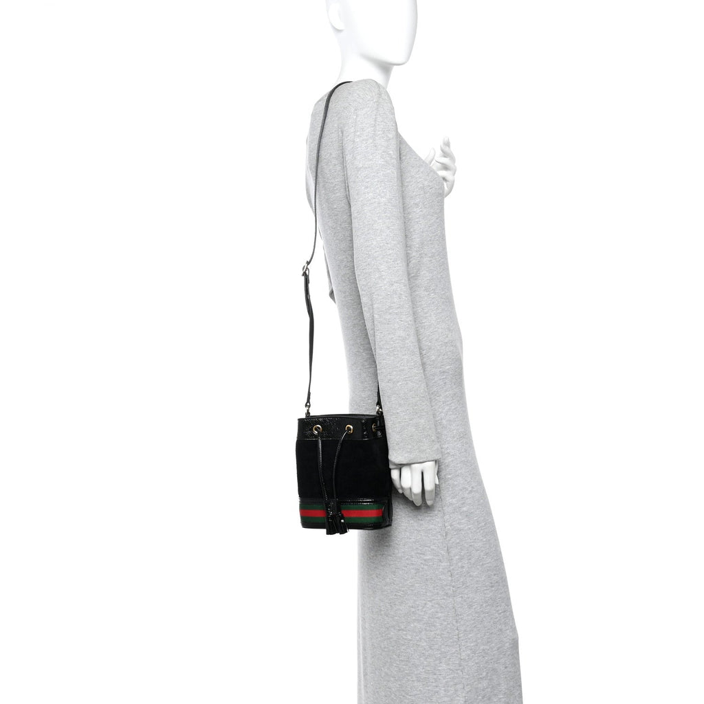 Gucci Suede Patent Web Mini Ophidia Bucket Bag Black