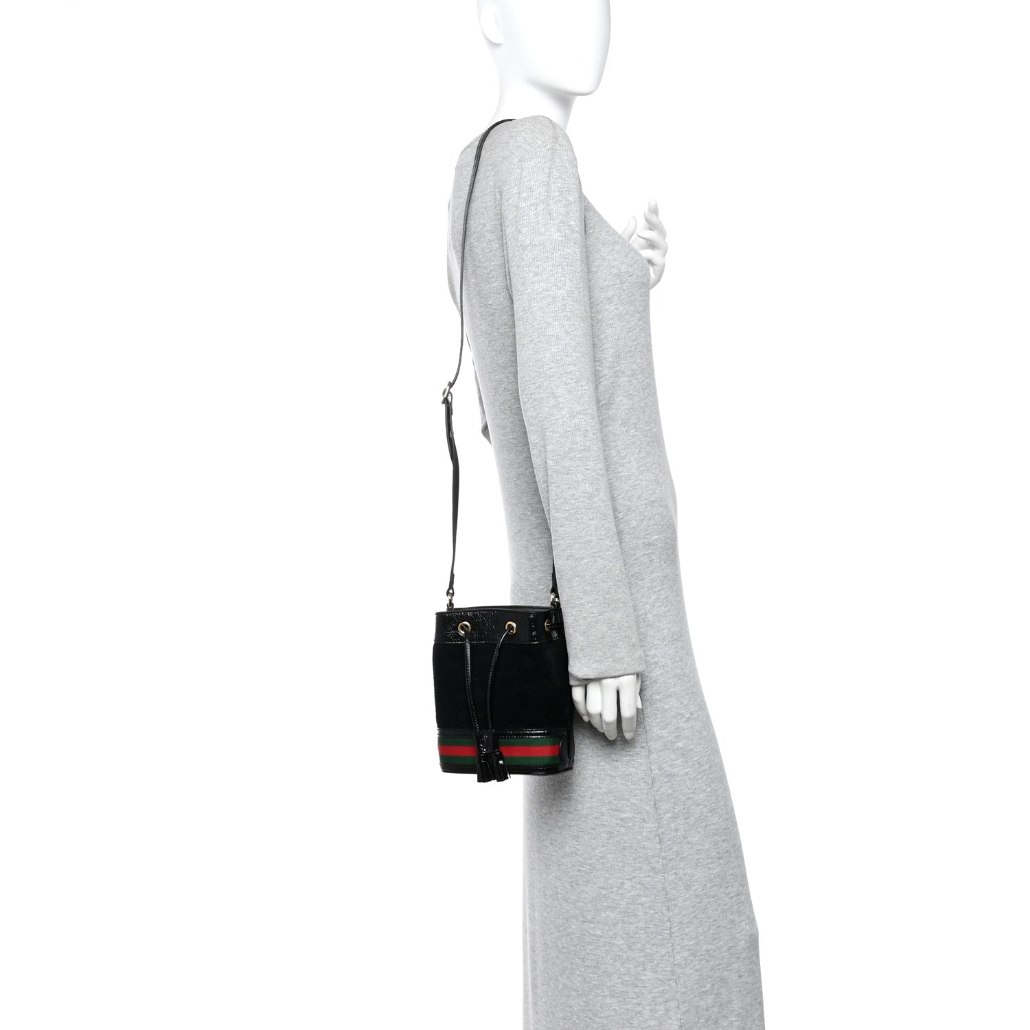 Gucci Suede Patent Web Mini Ophidia Bucket Bag Black
