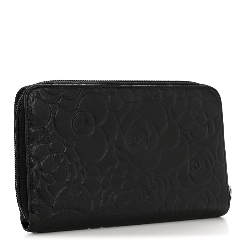 Lambskin Camellia Embossed Zip Around Organizer Wallet Black
