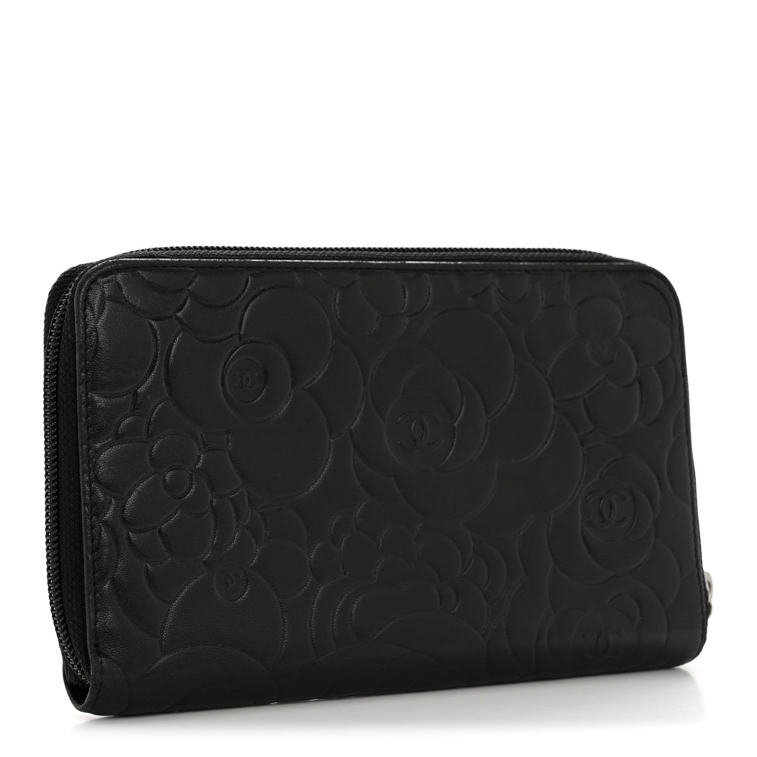 Lambskin Camellia Embossed Zip Around Organizer Wallet Black