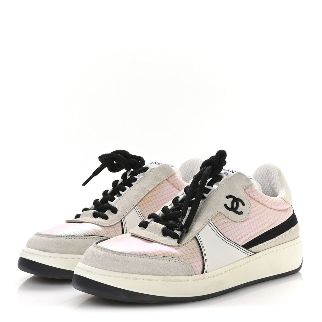 Chanel Suede Fabric Calfskin Womens CC Sneakers 40.5 Pink Grey White