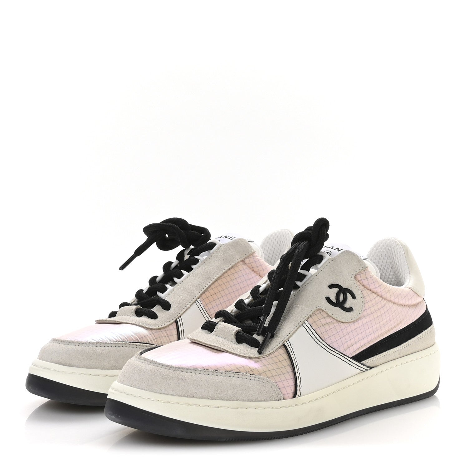 Chanel Suede Fabric Calfskin Womens CC Sneakers 40.5 Pink Grey White