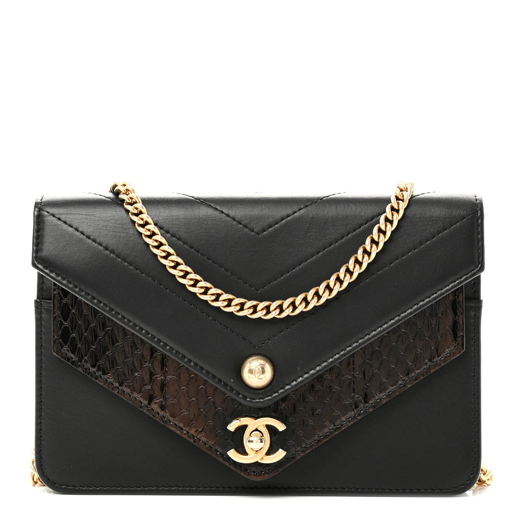 Chanel Calfskin Elaphe Double Chevron Mini Wallet On Chain WOC Black
