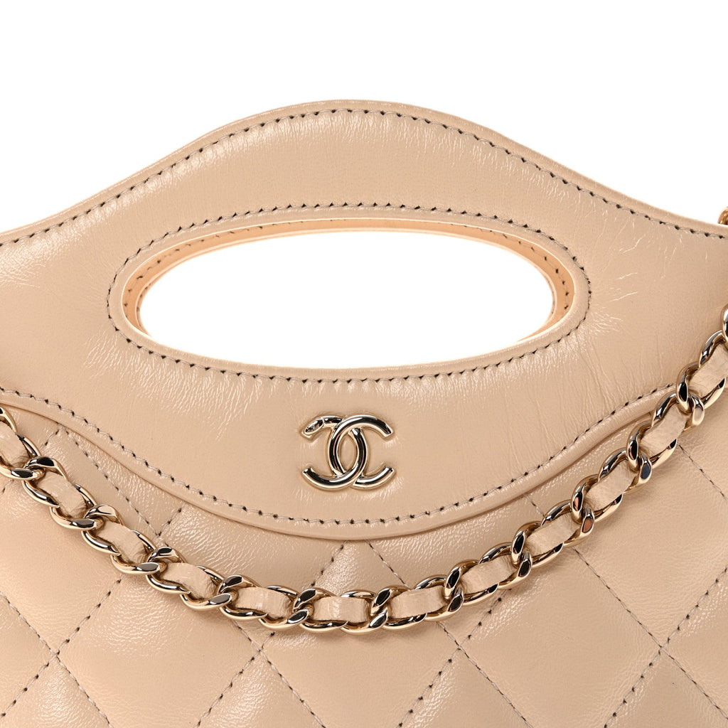 Chanel Shiny Crumpled Calfskin Quilted Nano 31 Shopping Bag Beige