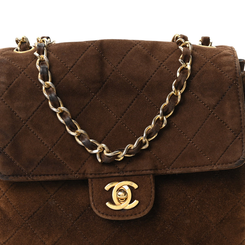 Chanel Suede Quilted CC Shoulder Bag Brown