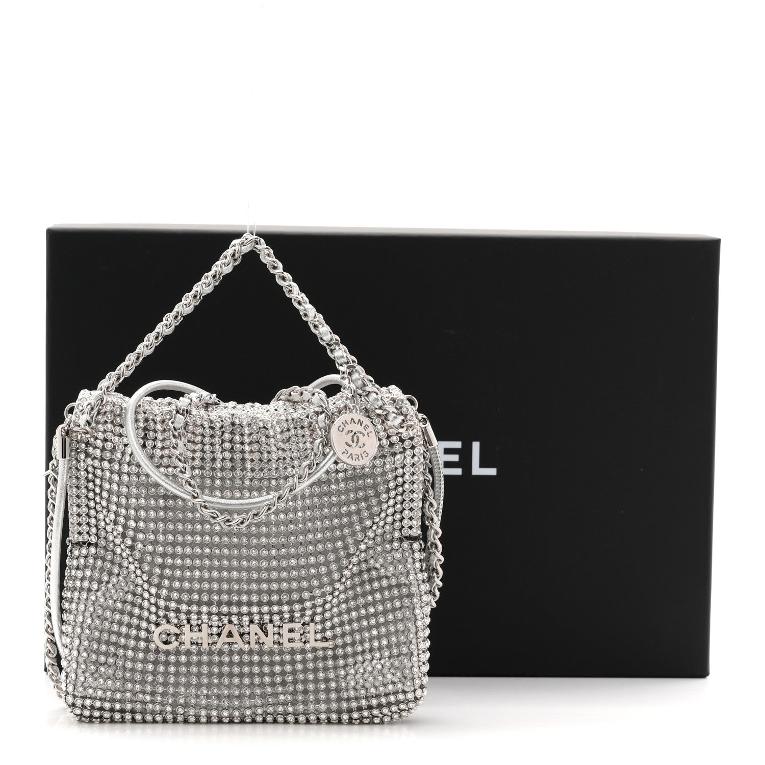 Chanel Crystal Embellished Metallic Lambskin Mini Chanel 22 Silver