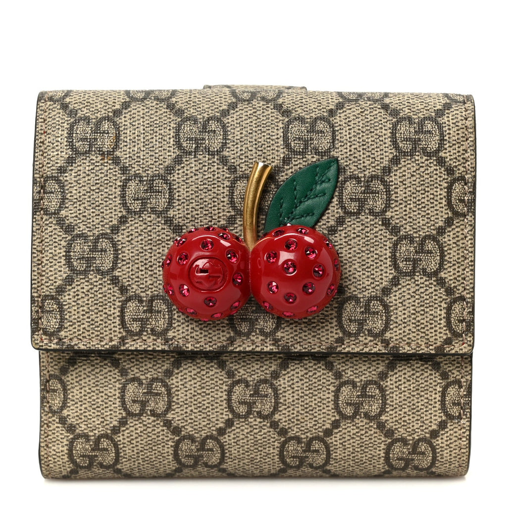 Gucci GG Supreme Monogram Cherry Embellished Card Case Wallet Hibiscus Red