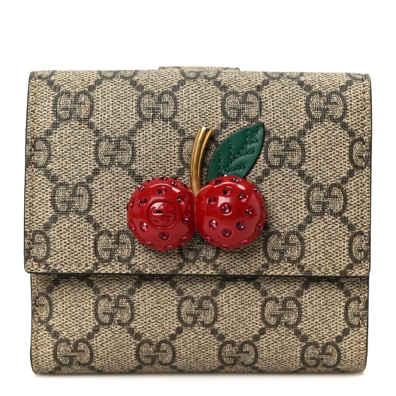 Gucci GG Supreme Monogram Cherry Embellished Card Case Wallet Hibiscus Red