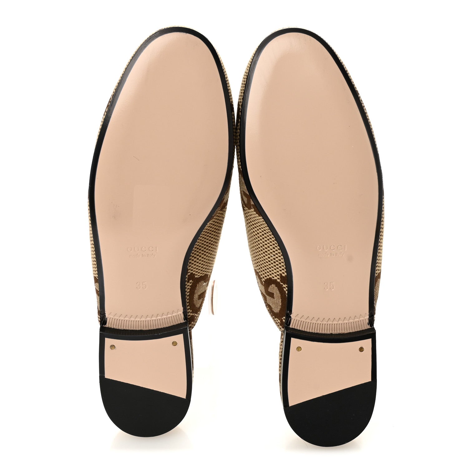 Gucci Monogram Jumbo GG Malaga Kid Womens Princetown Slippers 35 Camel Ebony New Acero Beige