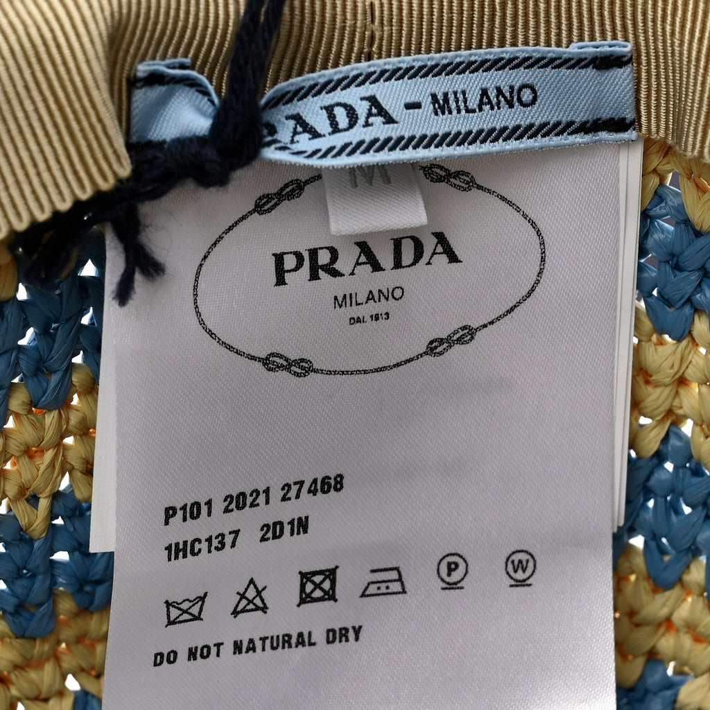 Prada Raffia Striped Logo Embroidered Womens Bucket Hat M Naturale Cielo
