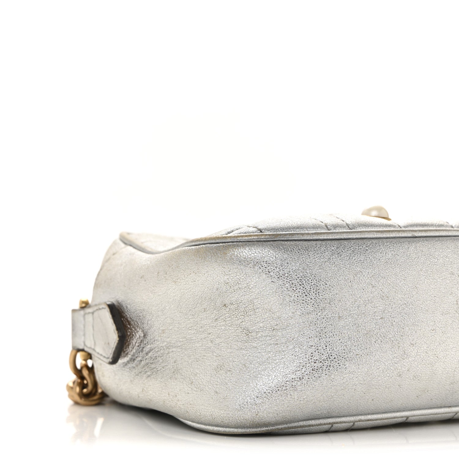 Gucci Metallic Calfskin Matelasse Studded Small Pearly GG Marmont Chain Shoulder Bag Silver