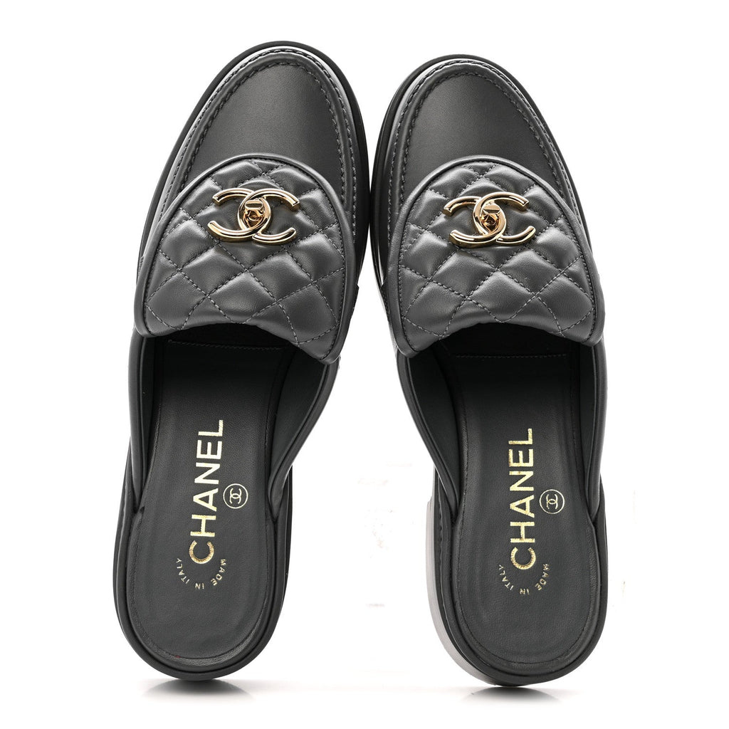 Lambskin Quilted CC Turnlock Mules 37.5 Grey