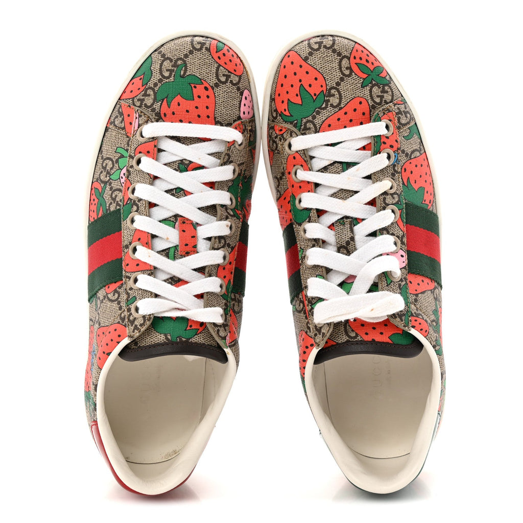 Gucci GG Supreme Monogram Strawberry Web Womens Ace Sneakers 36.5 Beige Multicolor Red Green