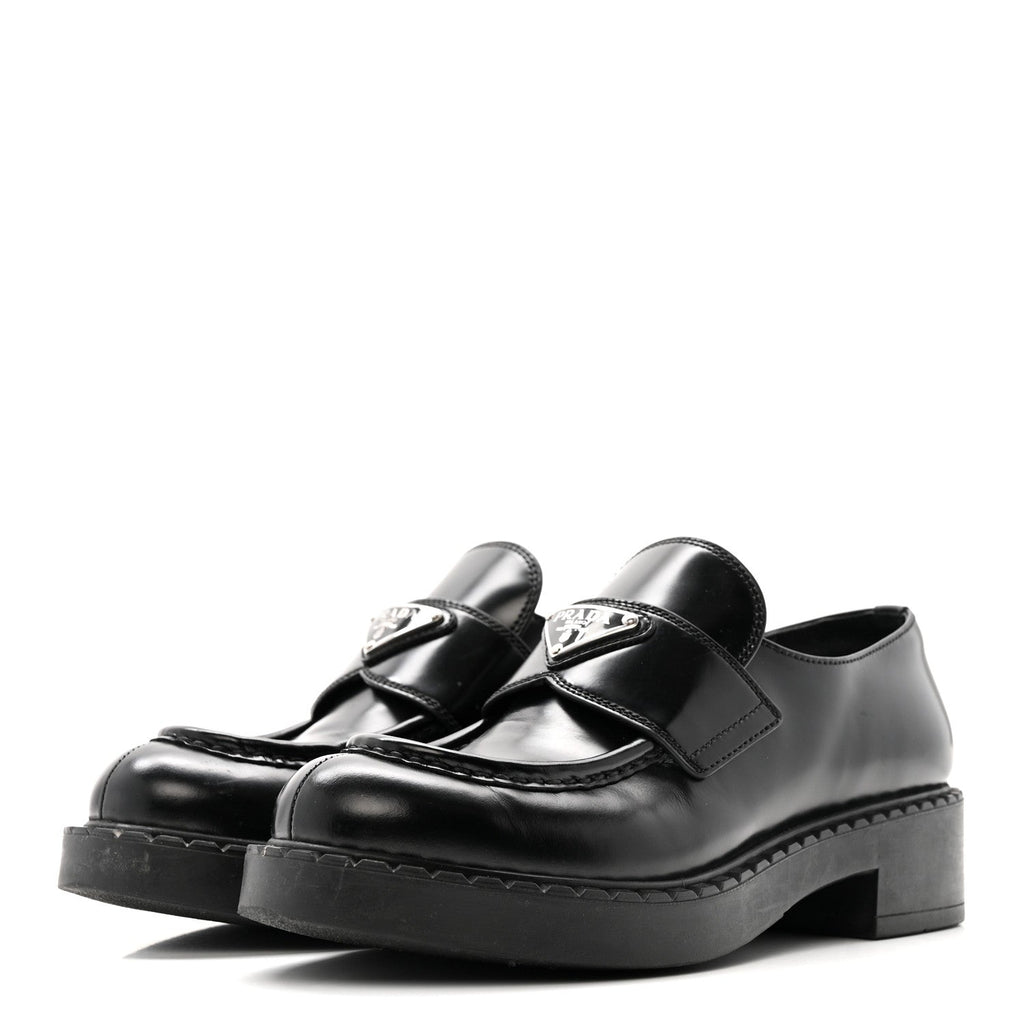 Prada Spazzolato Metal Triangle Logo 50mm Loafers 37.5 Black