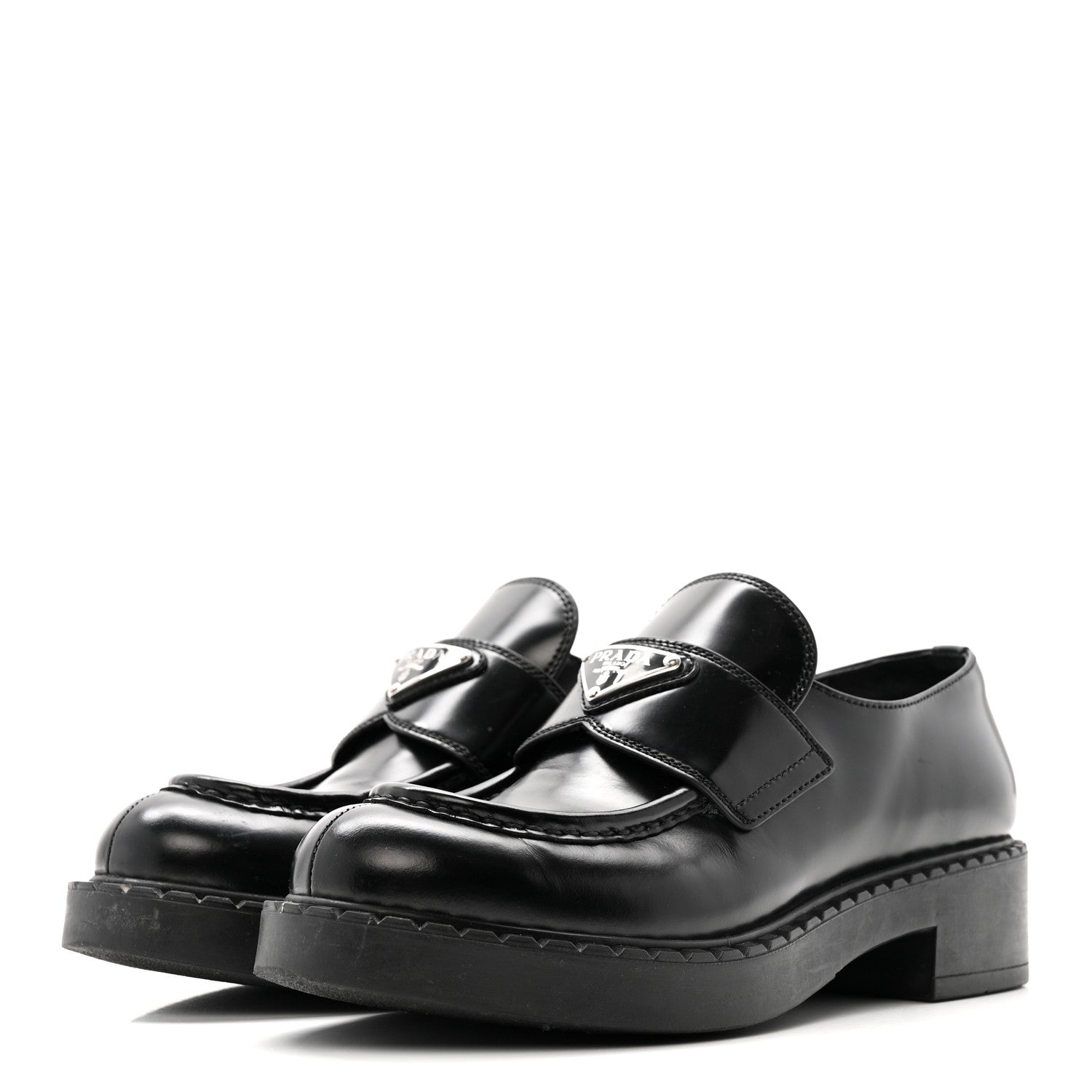 Prada Spazzolato Metal Triangle Logo 50mm Loafers 37.5 Black
