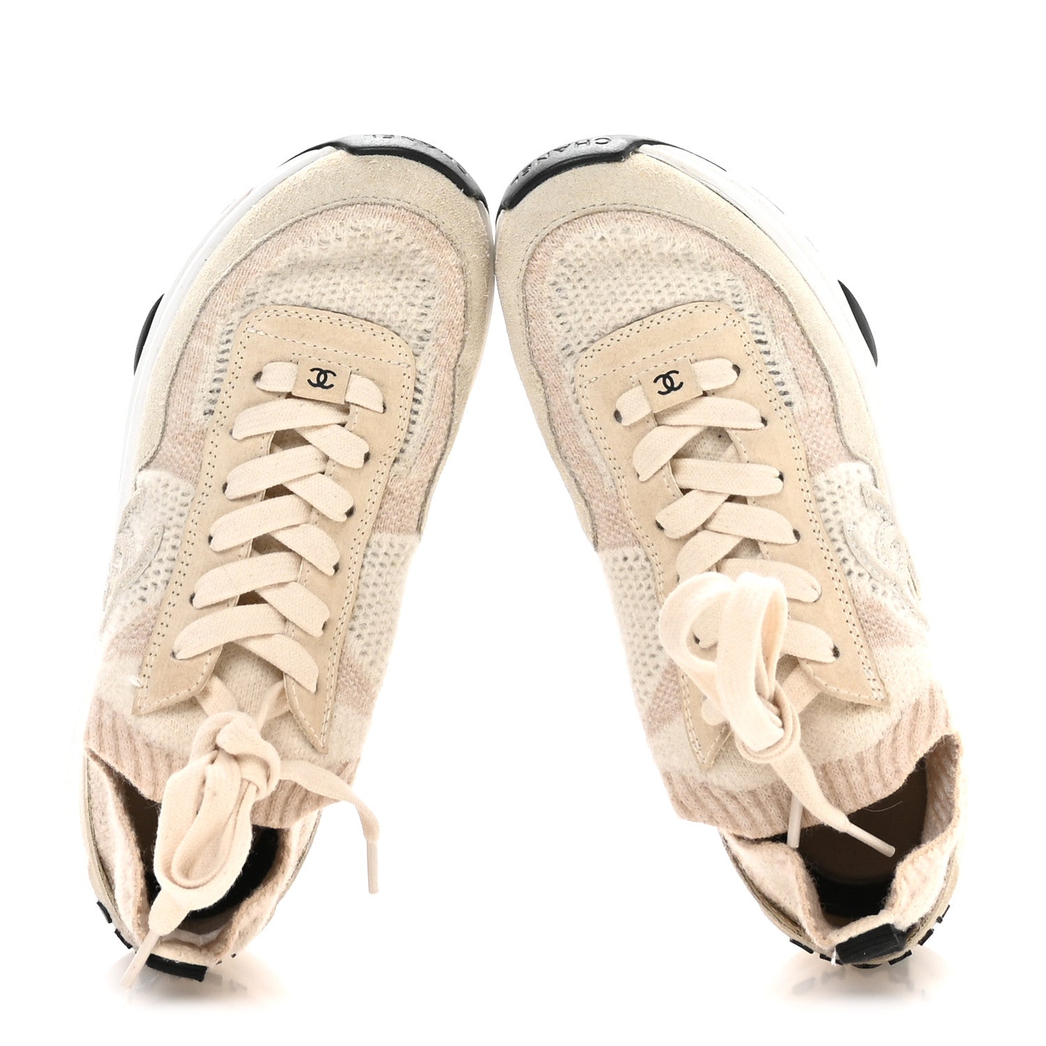 Knit Fabric Suede Calfskin Womens CC Sneakers 36 Ivory