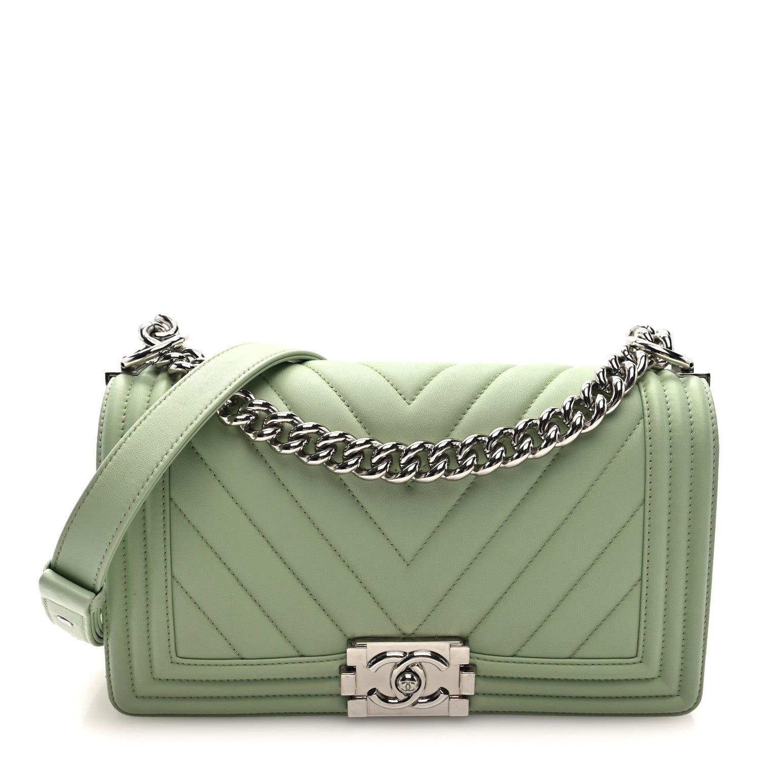 Chanel Calfskin Chevron Quilted Medium Boy Flap Light Green