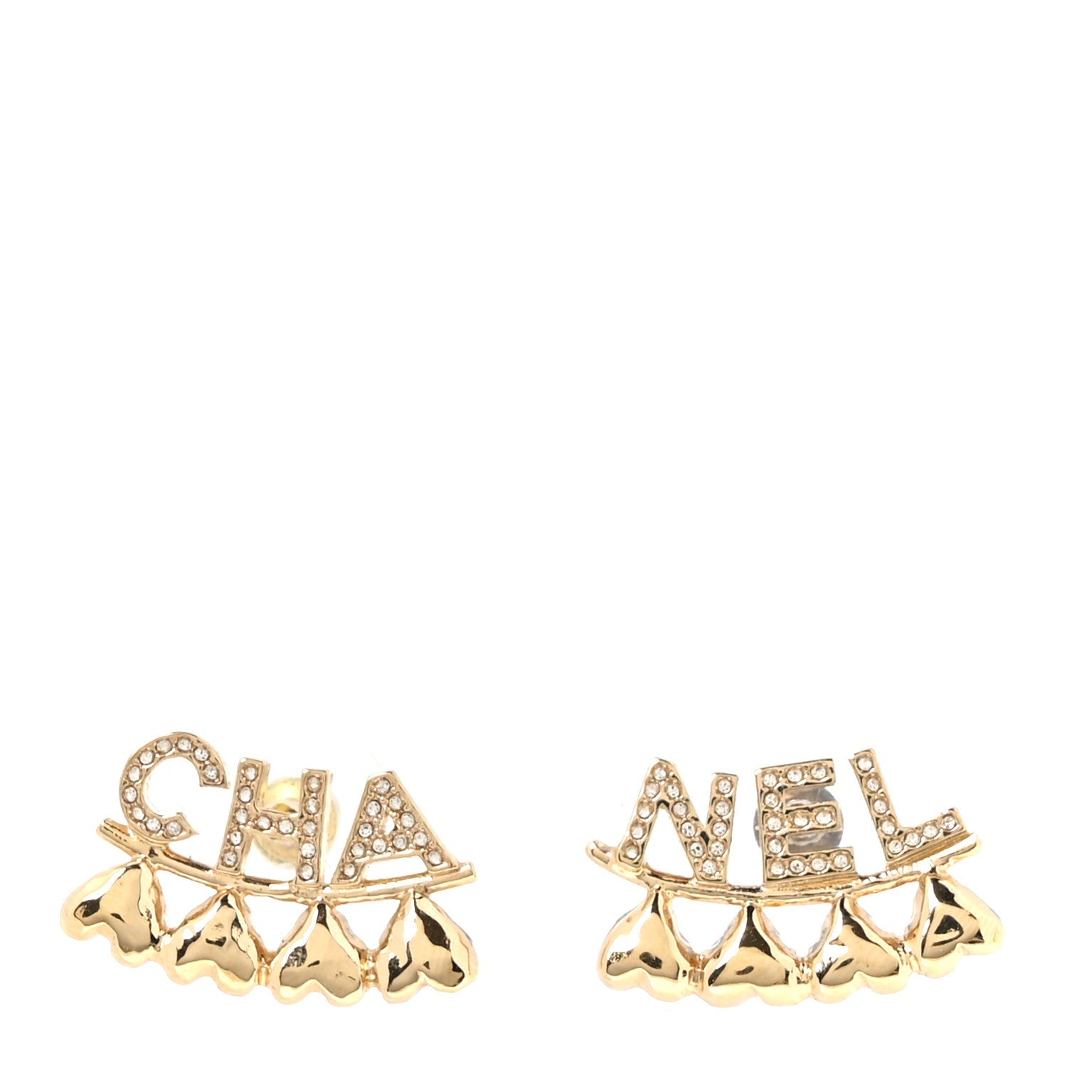 Crystal Heart Cha-Nel Logo Earrings Gold
