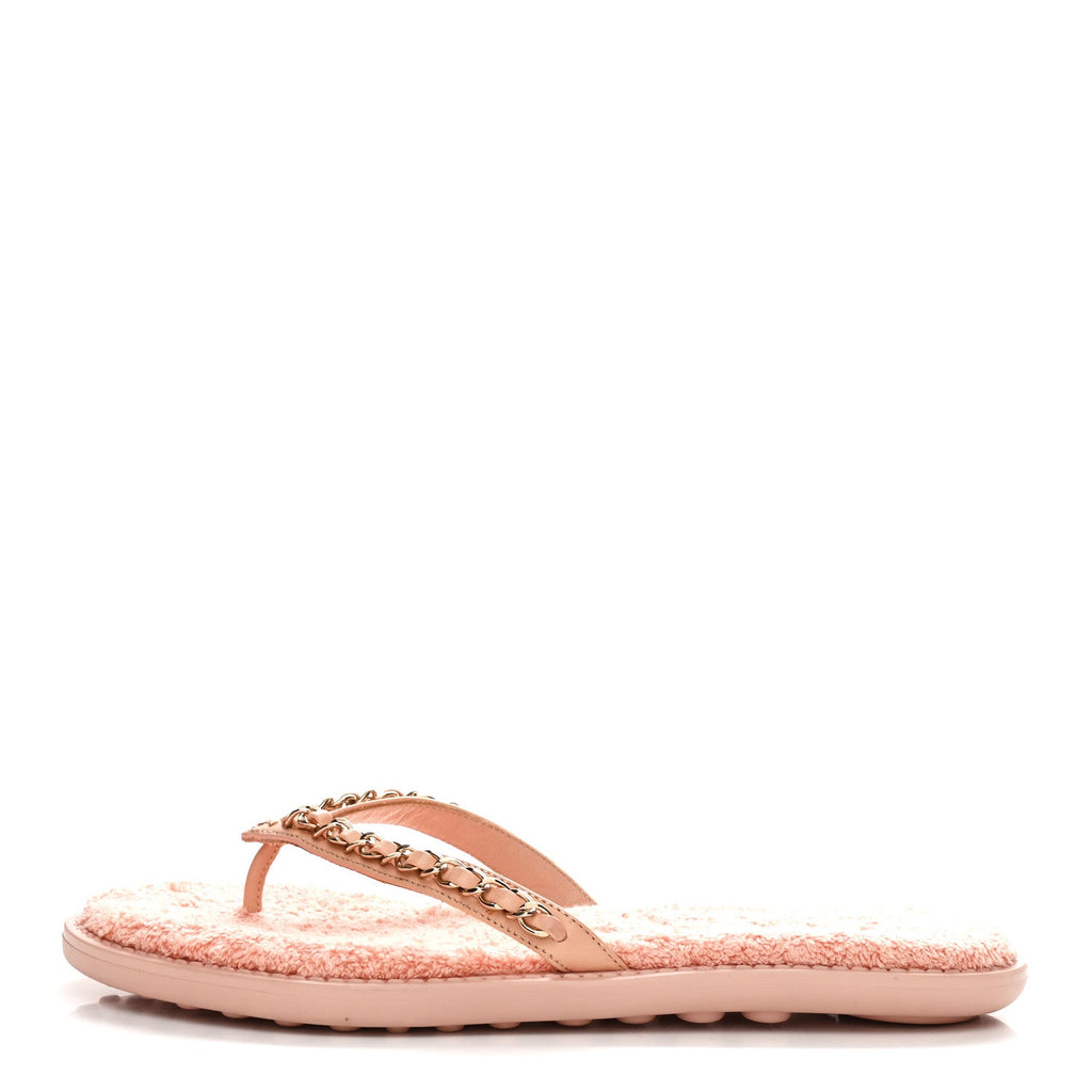 Lambskin Terry Cloth CC Chain Thong Sandals 37 Pink