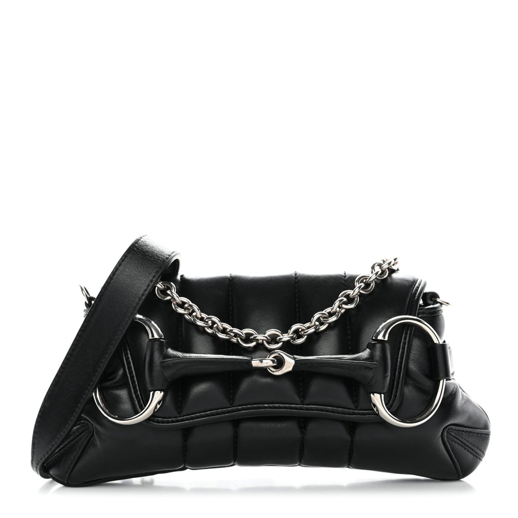 Gucci Nappa Vertical Matelasse Small Maxi Horsebit Chain Shoulder Bag Black