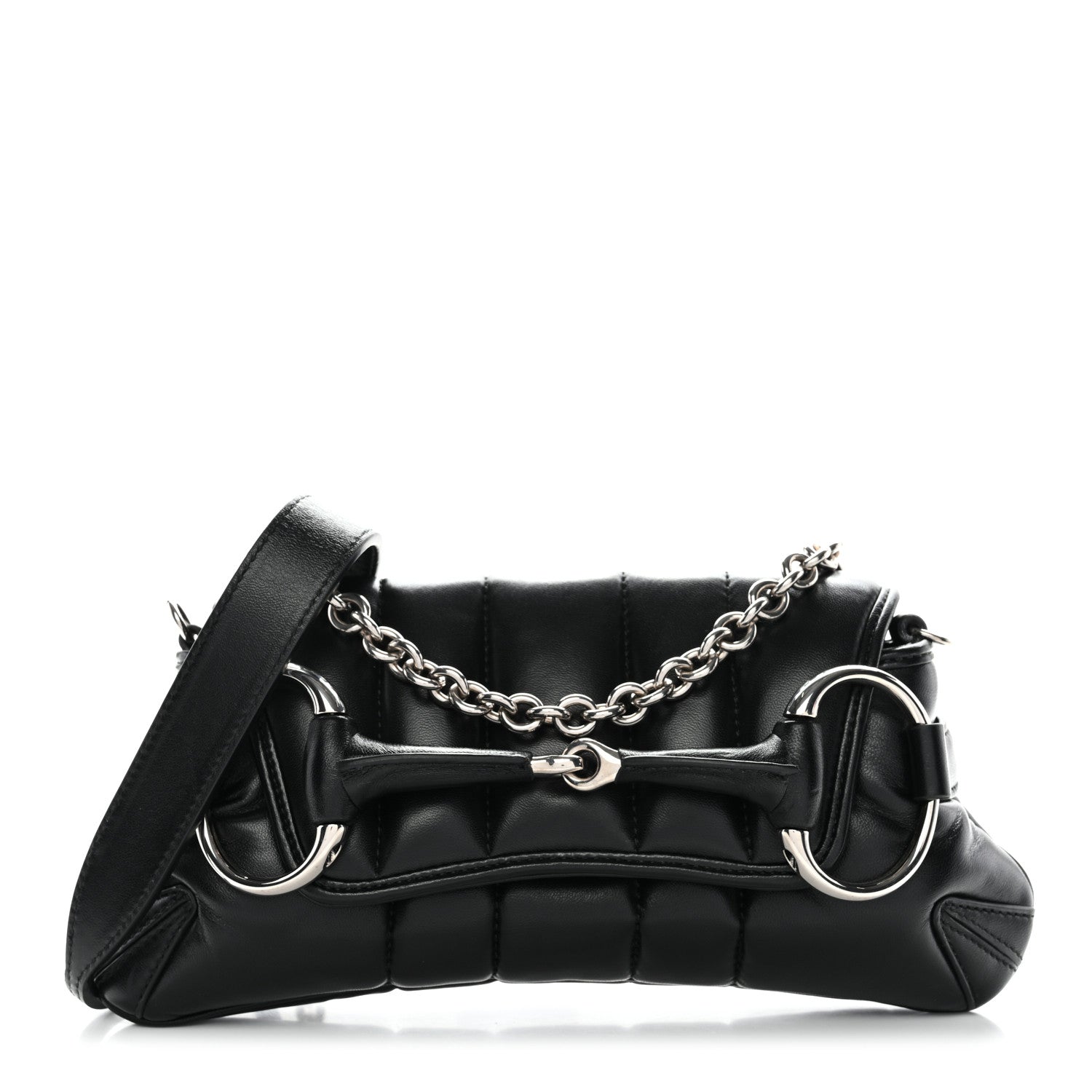 Gucci Nappa Vertical Matelasse Small Maxi Horsebit Chain Shoulder Bag Black