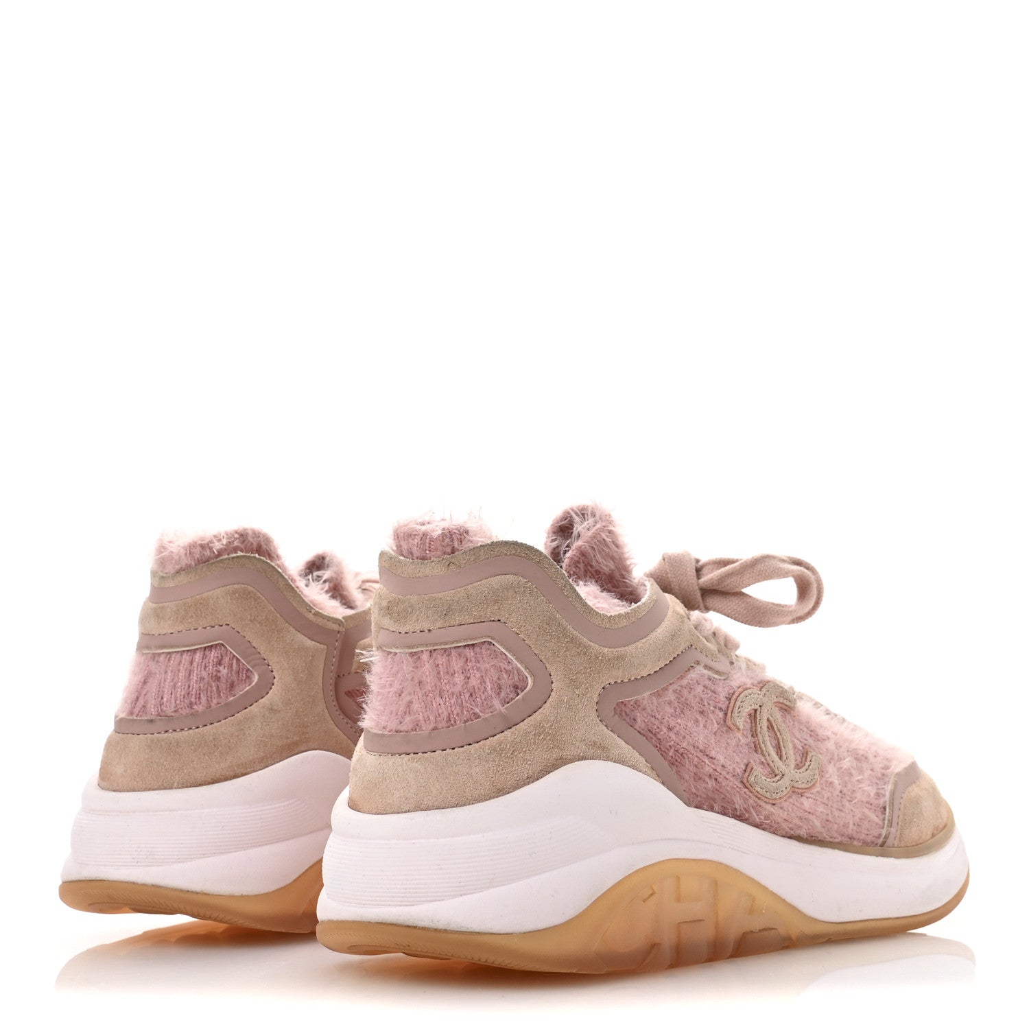Chanel Suede Calfskin Stretch Fabric CC Sneakers 38.5 Pink