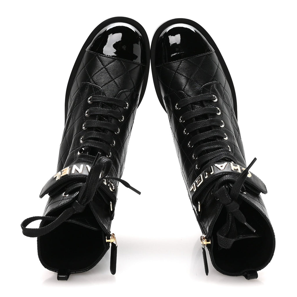 Lambskin Patent Calfskin Quilted Logo Lace Up Combat Boots 39.5 Black
