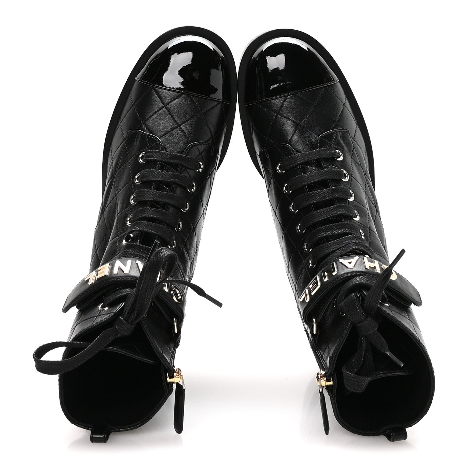 Lambskin Patent Calfskin Quilted Logo Lace Up Combat Boots 39.5 Black