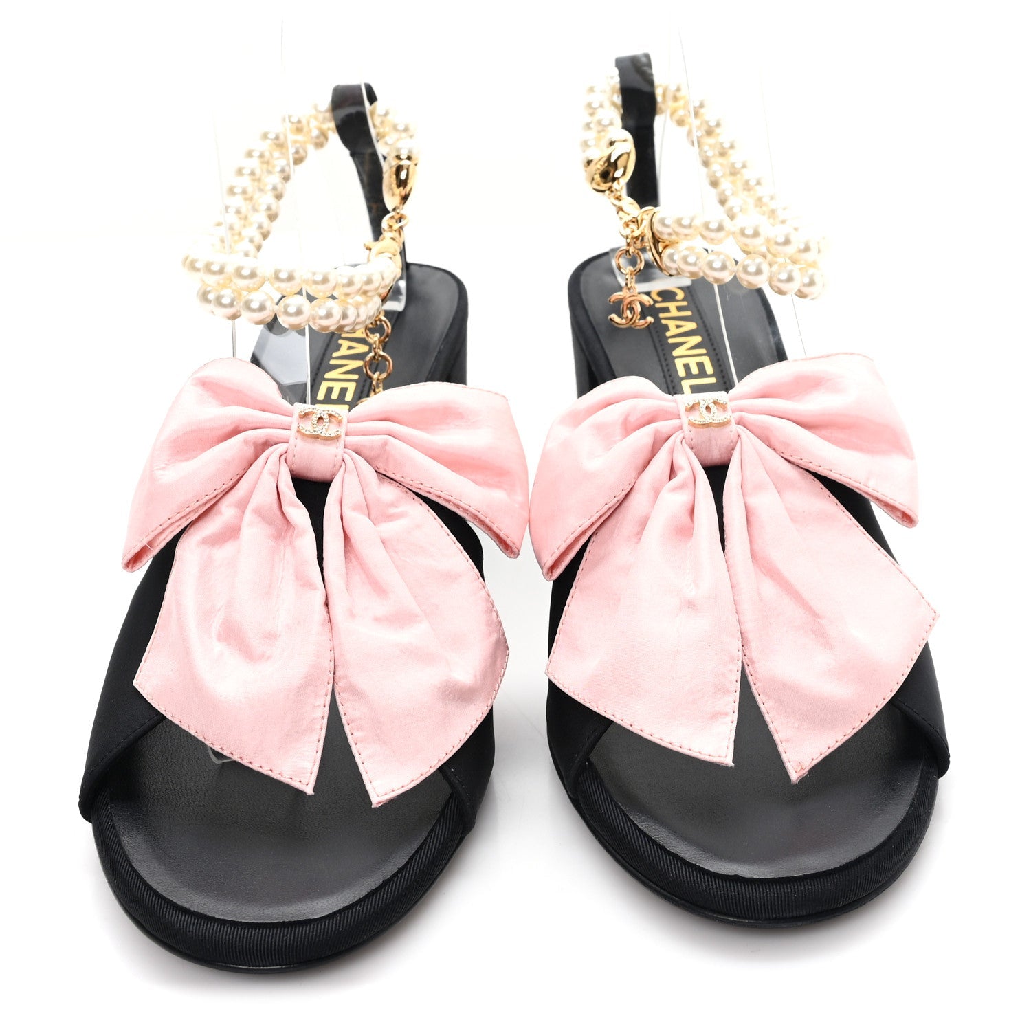 Chanel Silk Pearl Bow CC Ankle Strap Sandals 39.5 Pink Black