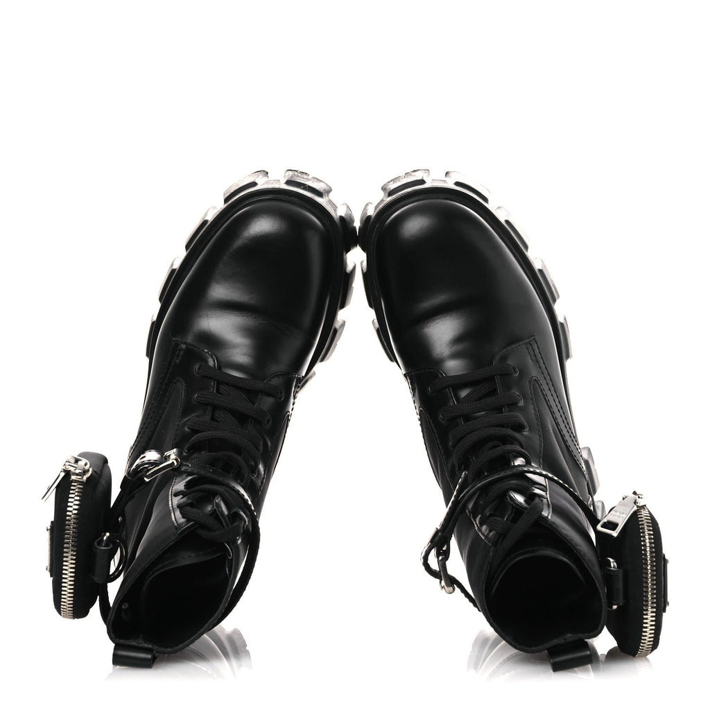 Prada Spazzolato Rois Nylon Metal Triangle Logo Monolith Pouch Pocket 55mm Boots 37 Black