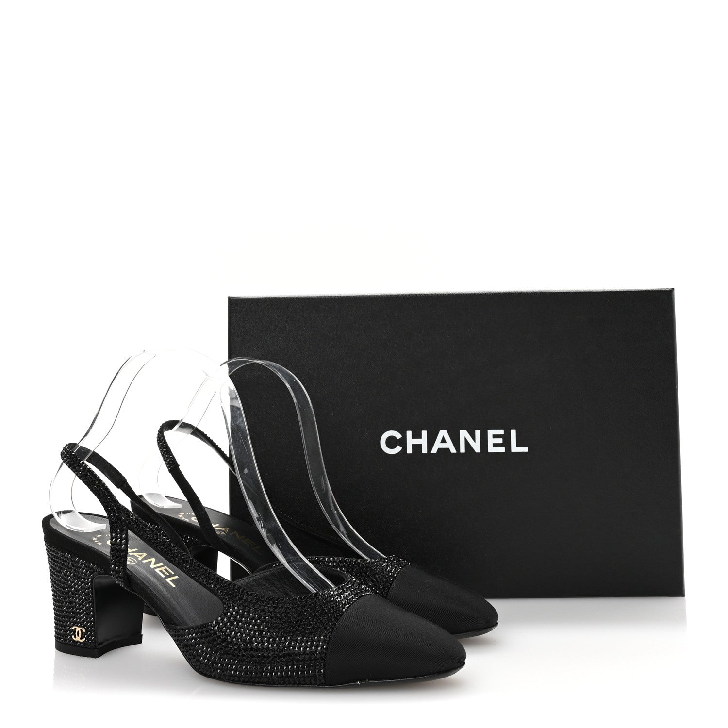 Chanel Strass Grosgrain Cap Toe CC Slingback Pumps 39 Black