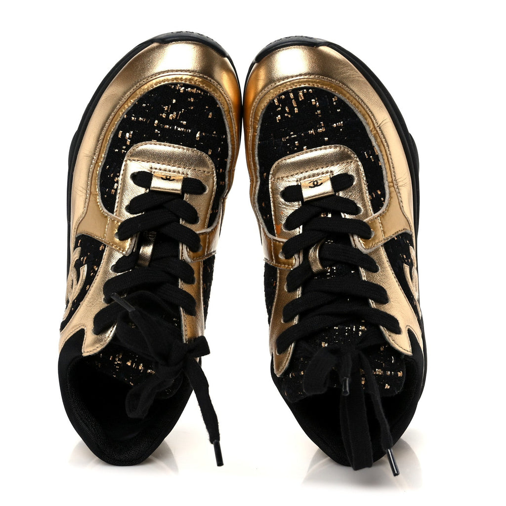 Satin Lambskin Fabric Tweed CC Sneakers 35.5 Gold Black
