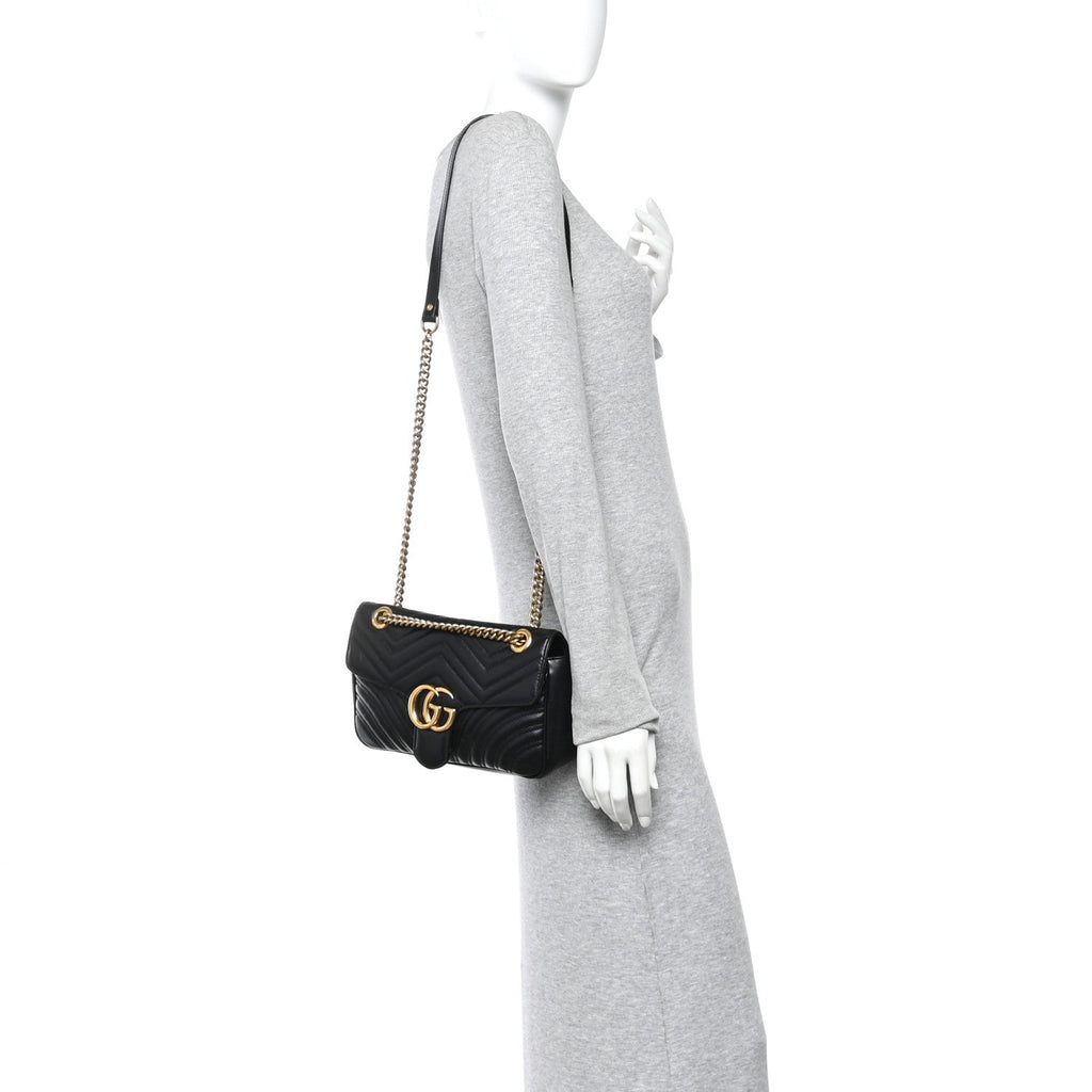 Gucci Calfskin Matelasse Small GG Marmont Shoulder Bag Black