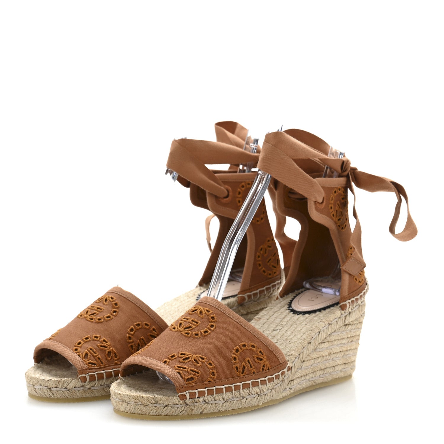 Gucci Canvas Damita GG Eyelet Espadrille Wedge Sandals 37.5 Blondie Cognac