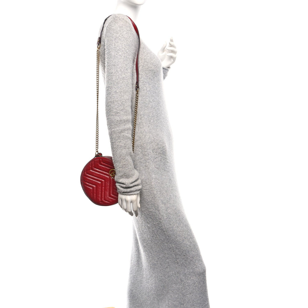 Gucci Glazed Calfskin Matelasse Heart Mini GG Marmont Round Shoulder Bag Romantic Cerise