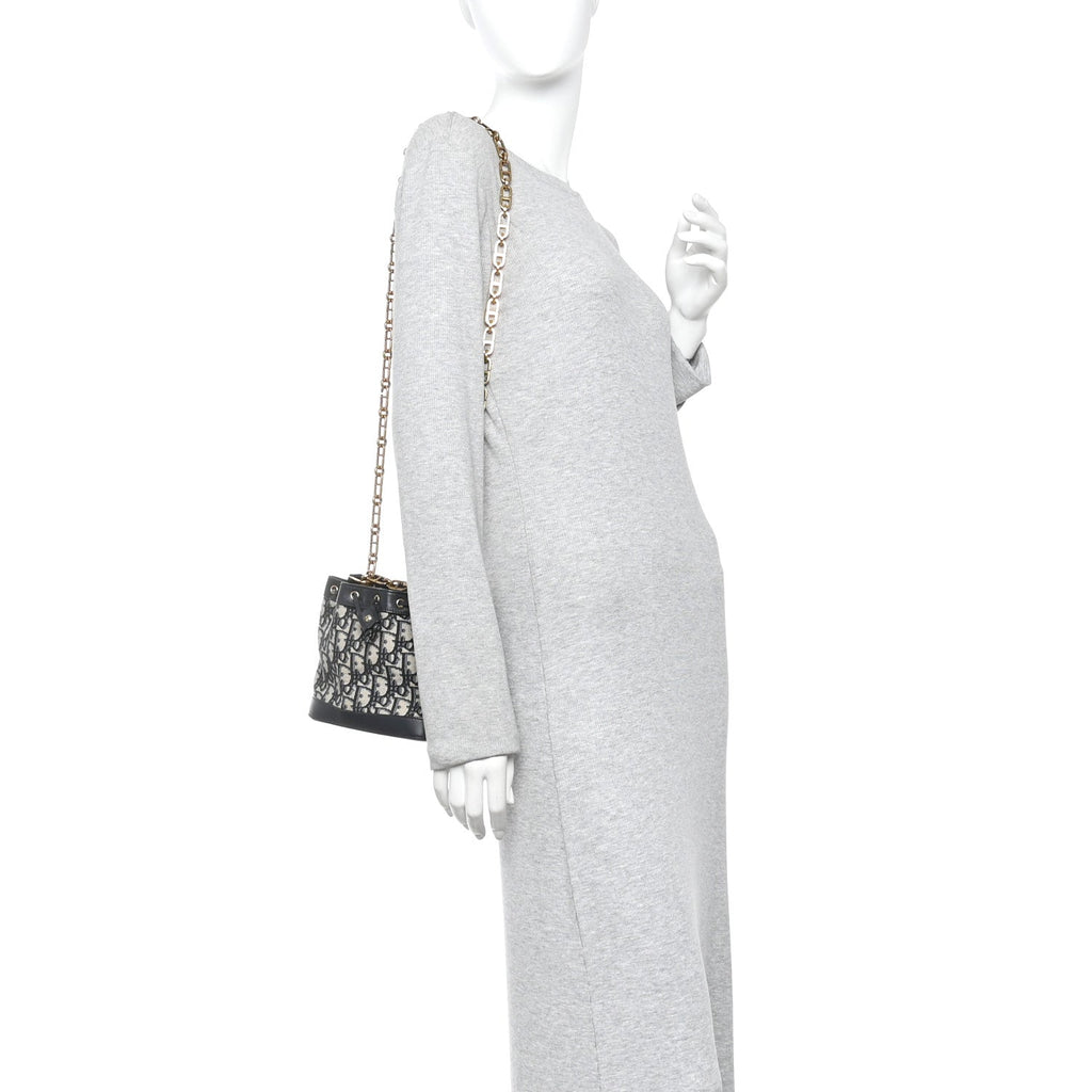 Christian Dior Oblique Drawstring Chain Bucket Bag Blue