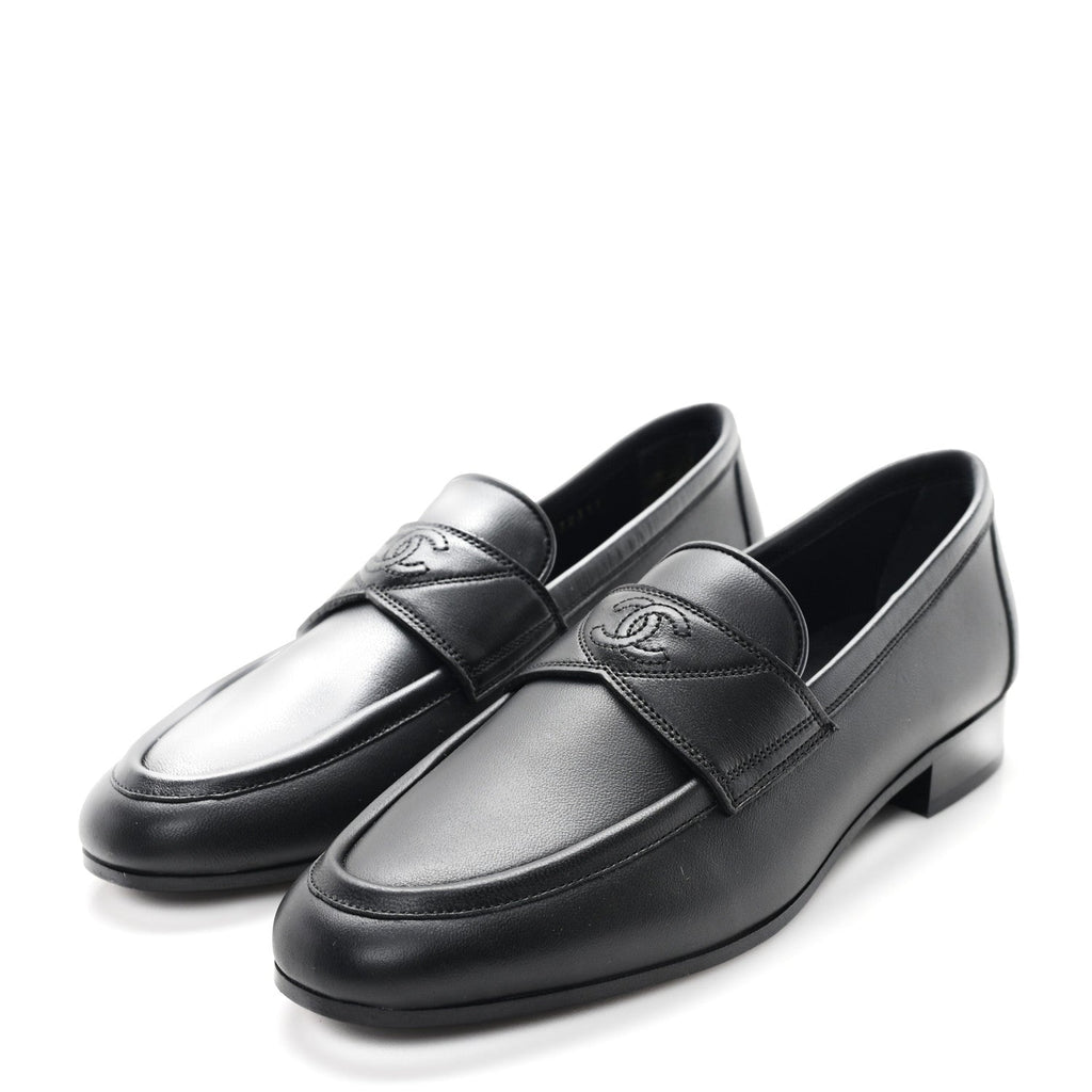 Calfskin Womens Stitched CC Loafers 36 Black