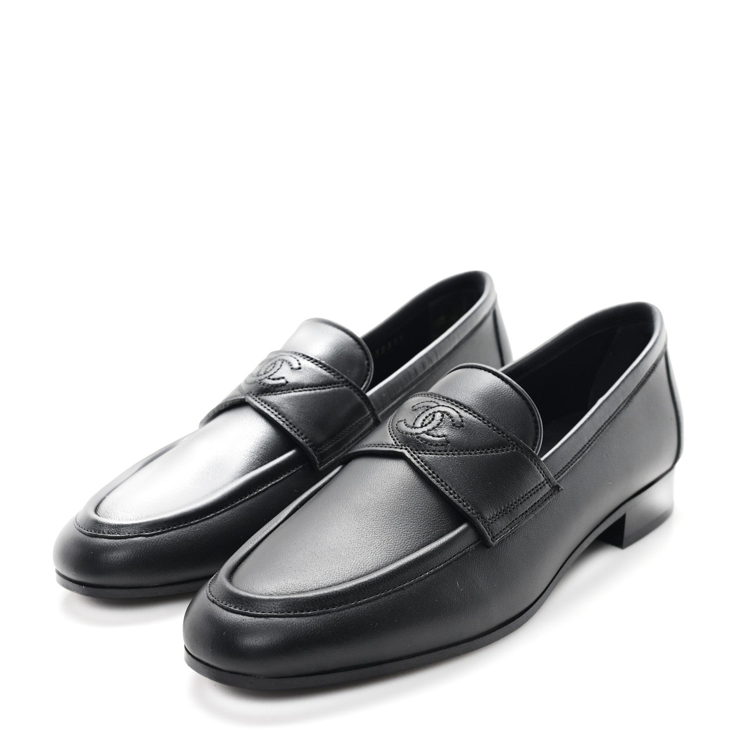 Calfskin Womens Stitched CC Loafers 36 Black