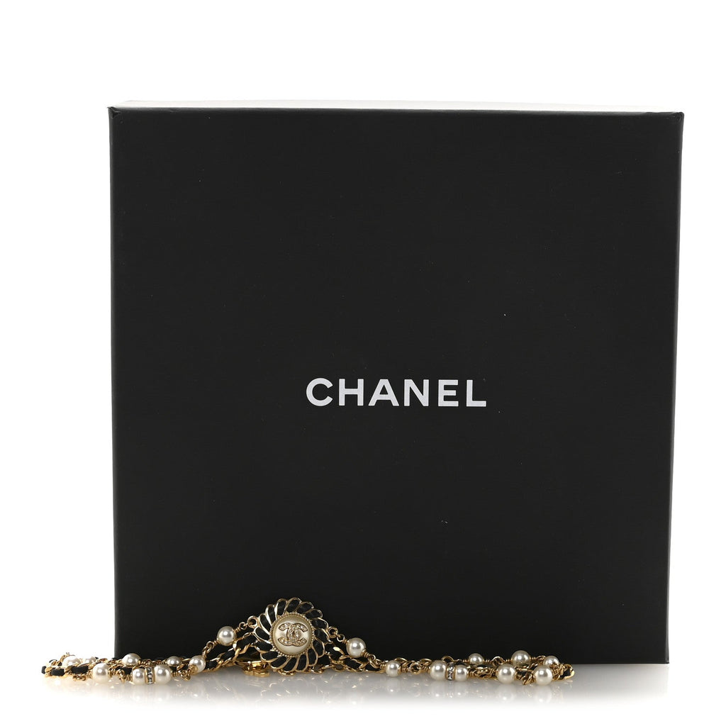Lambskin Pearl Crystal CC Short Double Strand Necklace Gold White Black