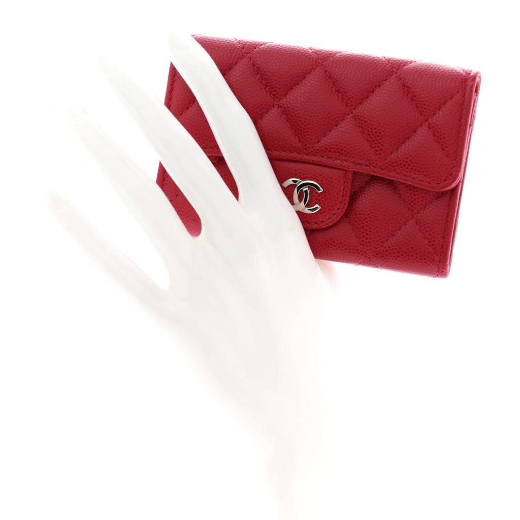 Caviar Quilted Flap Card Holder Wallet Red