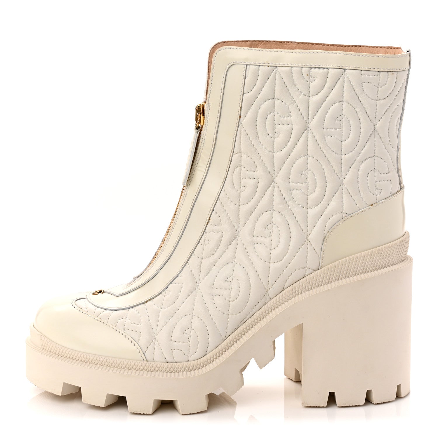 Gucci Calfskin Nappa Rhombus Quilted Trip Ankle Boots 39.5 Great White