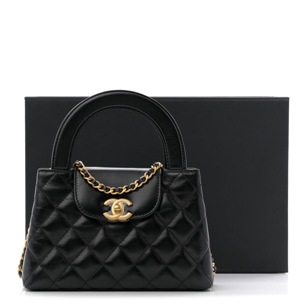 Chanel Shiny Aged Calfskin Quilted Nano Kelly Shopper Black