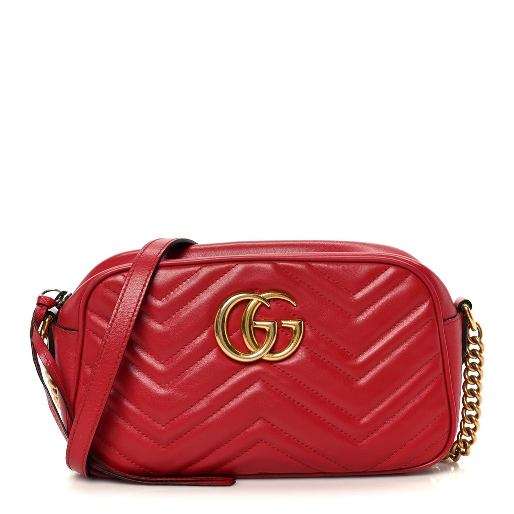 Gucci Calfskin Matelasse Small GG Marmont Chain Shoulder Bag Hibiscus Red