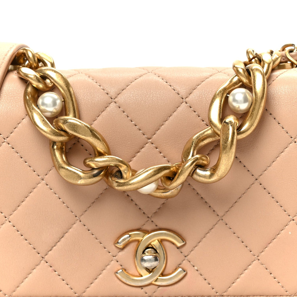 Chanel Calfskin Quilted Pearl Jewel Chain Flap Beige