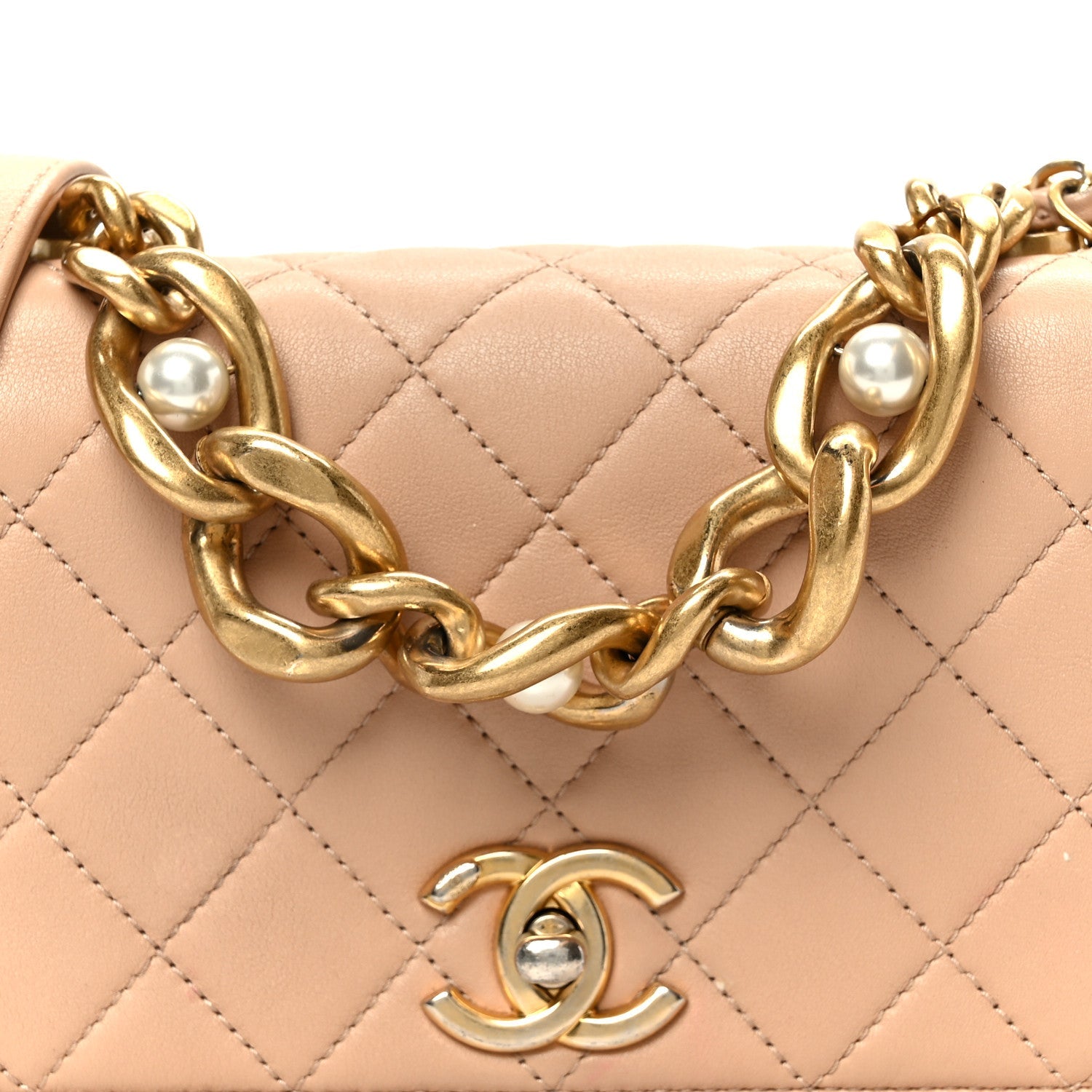 Chanel Calfskin Quilted Pearl Jewel Chain Flap Beige