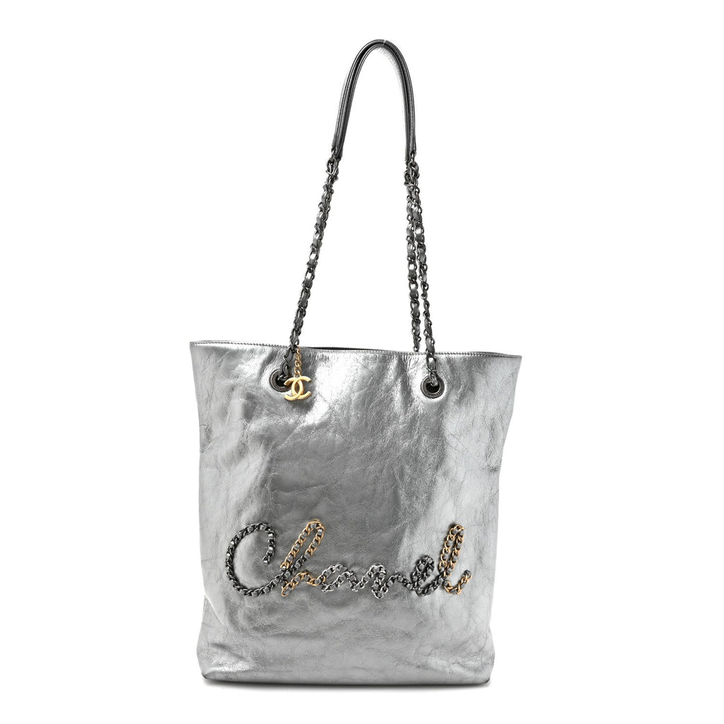 Chanel Calfskin Chain 20s Signe Tote Silver