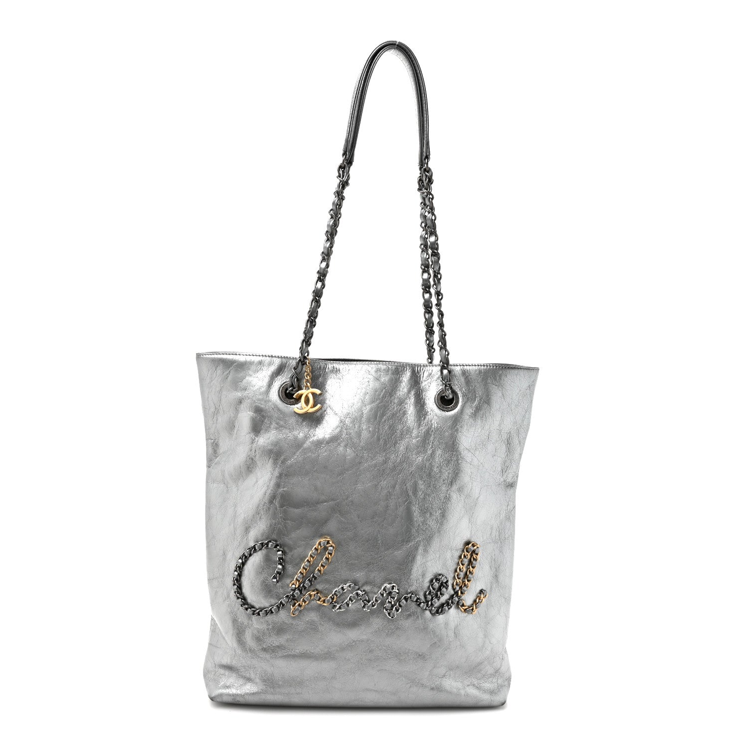 Chanel Calfskin Chain 20s Signe Tote Silver
