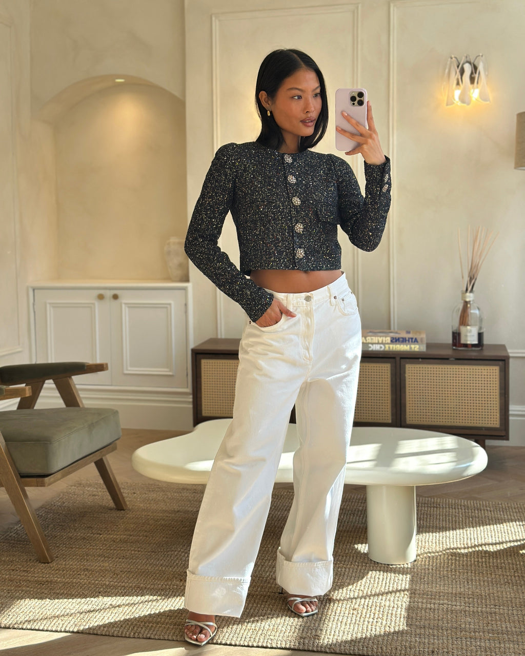 Chanel Navy Blue & Multicolour Sequin Tweed Cropped Jacket With Dusty Pink Camellia Embellished Buttons Detail Size FR 34 (UK 6)